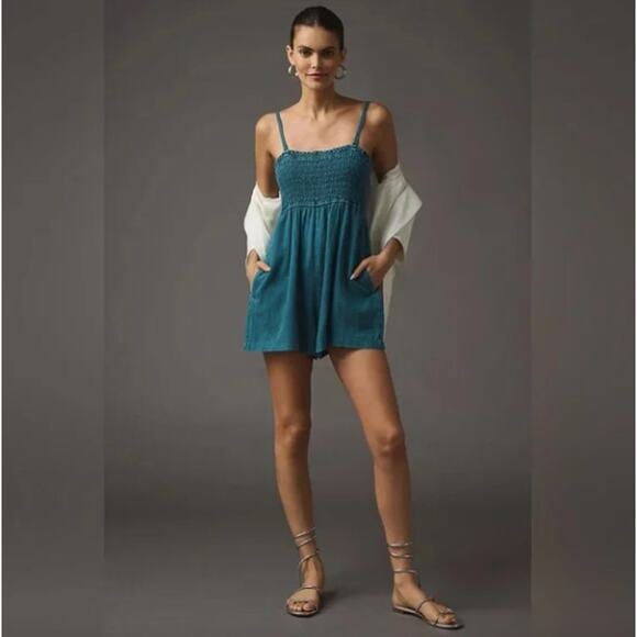 Anthropologie Pilcro Women’s Smocked Linen Blend Romper Teal Size XS Boho Beach - Picture 1 of 11